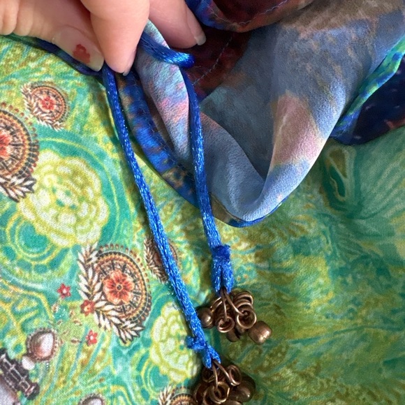 Embellished Boho Kaftan Top L Peacock Print Tunic Festival Y2K Gypsie 90 Beaded - Picture 6 of 6